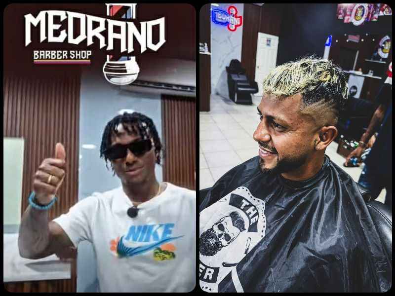 El cafetero Edgar Medrano (i.), en su barbería; y el jugador Roberto Melgar, como cliente. Foto: Imagen de carácter ilustrativo y no comercial/https://www.facebook.com/share/19dqBTZ5LT/