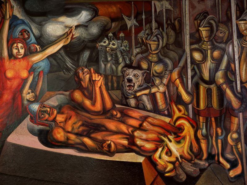 Parte de la pieza "Tormento de Cuauhtémoc" (1950-1951) del mexicano David Alfaro Siqueiros, elaborado en piroxilina sobre celotex, 453 x 814 cm. | Foto: Museo del Palacio de Bellas Artes, INBAL