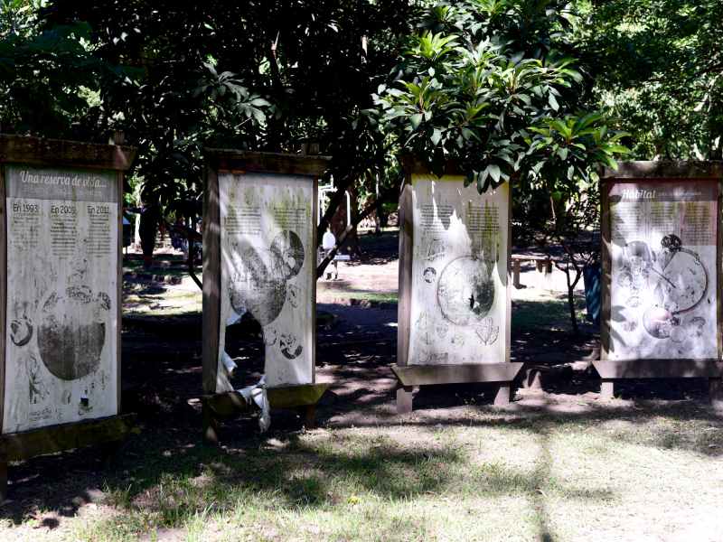 Mal estado de parque bicentenario. Mesas de madera quebradas, anuncios en mal estado, bancas