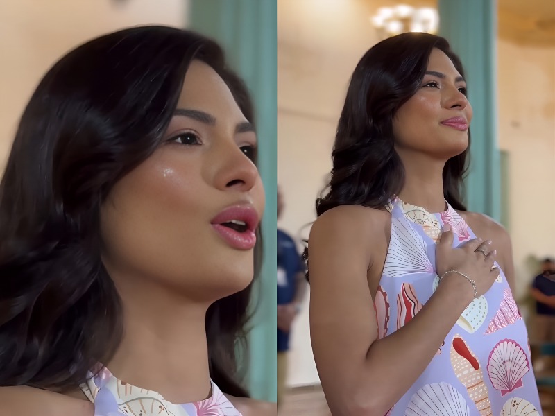 Sheynnis Palacios llora al cantar el Himno Nacional de Nicaragua, en El Salvador.