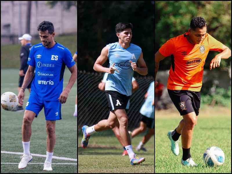Parte de los fichajes para el Clausura 2026: Darwin Cerén, con Inter FA (i.), Harold Osorio, con Alianza FC y Jairo Martínez, con CD Águila. Foto: Cortesía Fesfut-LaSelecta, Alianza FC y CD Águila