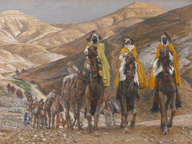 Pintura de Los Reyes Magos en viaje