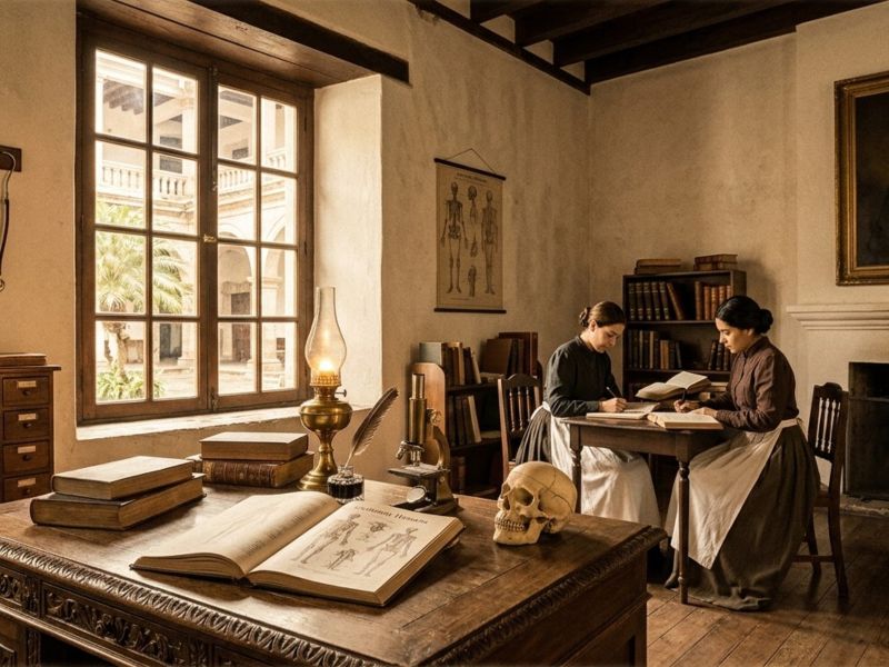 Estudiantes en un aula de medicina del siglo XIX