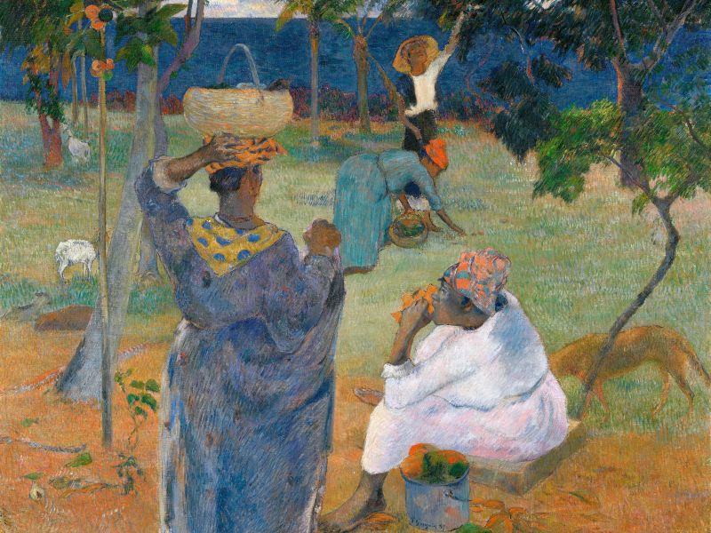 Pintura "La recolección de fruta" o "En los mangos" del artista visual Paul Gauguin