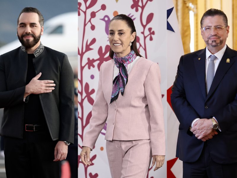 Fotografías de archivo que muestra a los presidentes de El Salvador, Nayib Bukele (i); de México, Claudia Sheinbaum (c); y de Costa Rica, Rodrigo Chaves (d), quienes encabezan la lista de mandatarios latinoamericanos mejor valorados por la ciudadanía en abril, mientras que en el otro extremo se ubica el mandatario interino de Perú, José María Balcázar. Foto EDH/EFE