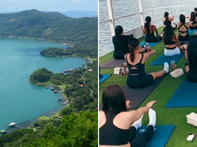Un grupo de mujeres realizaron pilates sobre el lago de Coatepeque, en Santa Ana.