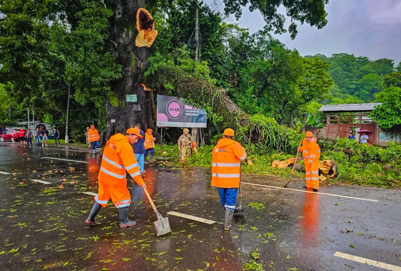 Trabajadores con impermeables naranjas limpian el lodo y barren el agua acumulada en una carretera transitada bajo la lluvia.