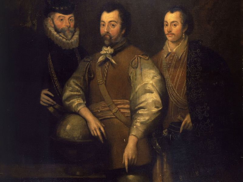 Pintura de Thomas Cavendish, Sir Francis Drake y Sir John Hawkins del siglo XVII