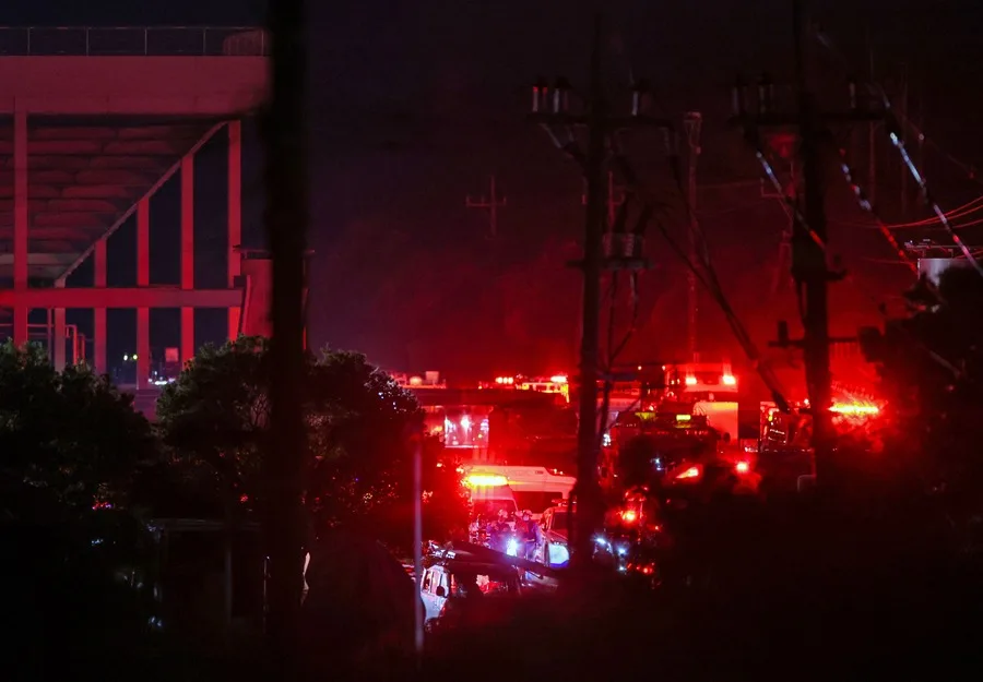 Bomberos y vehículos de emergencia se reúnen en el centro comercial Aeon Mall Kumamoto, gravemente dañado tras un potente terremoto, en Kumamoto (Japón). EFE/