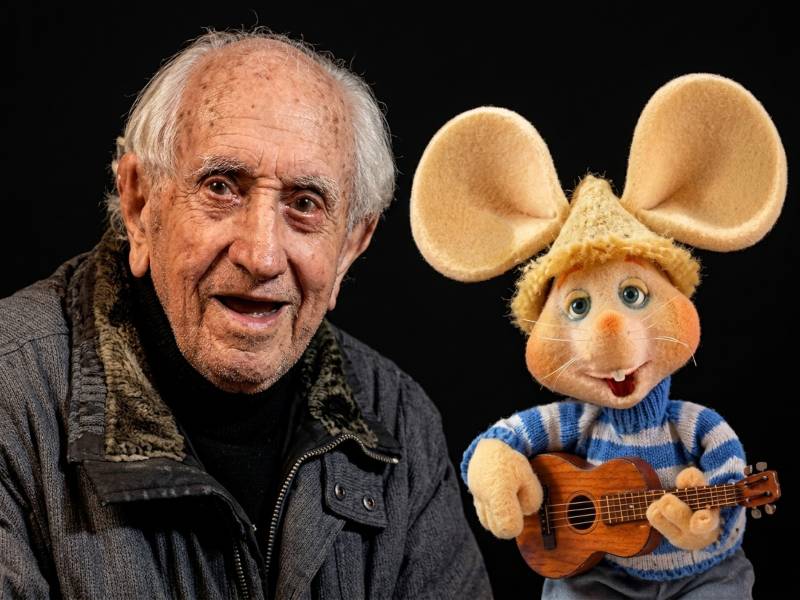 Actor italiano Peppino Mazzullo junto al famoso Topo Gigio, a quien prestó su voz