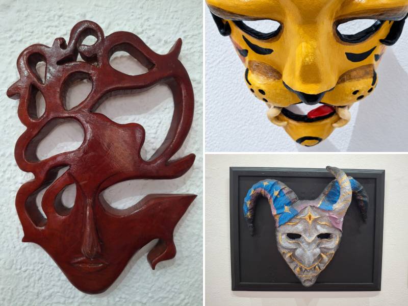 Tres máscaras que se exhiben en el II Salón de la Máscara de la UES en el Museo Forma