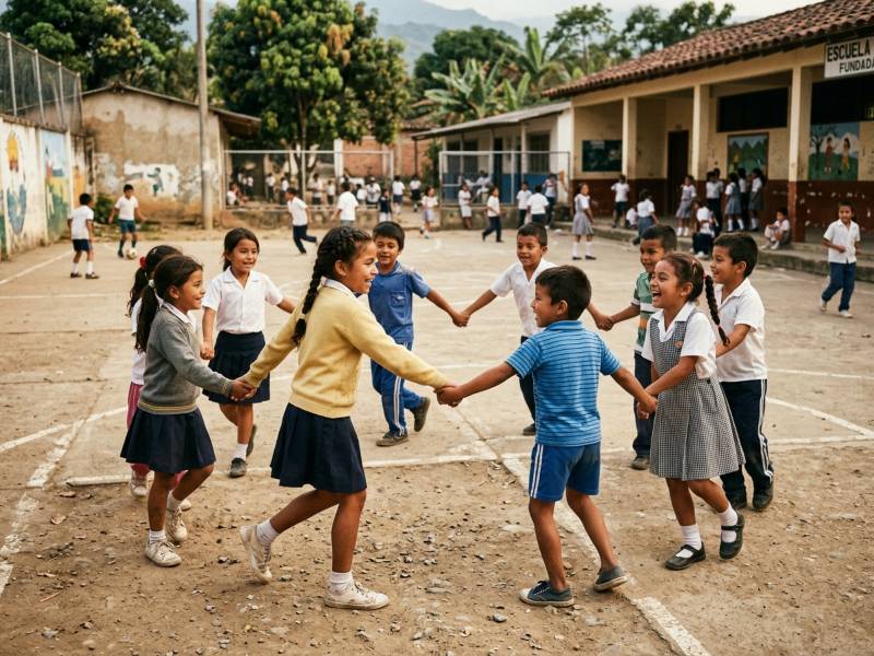 Grupo de pequeños escolares jugando en recreo