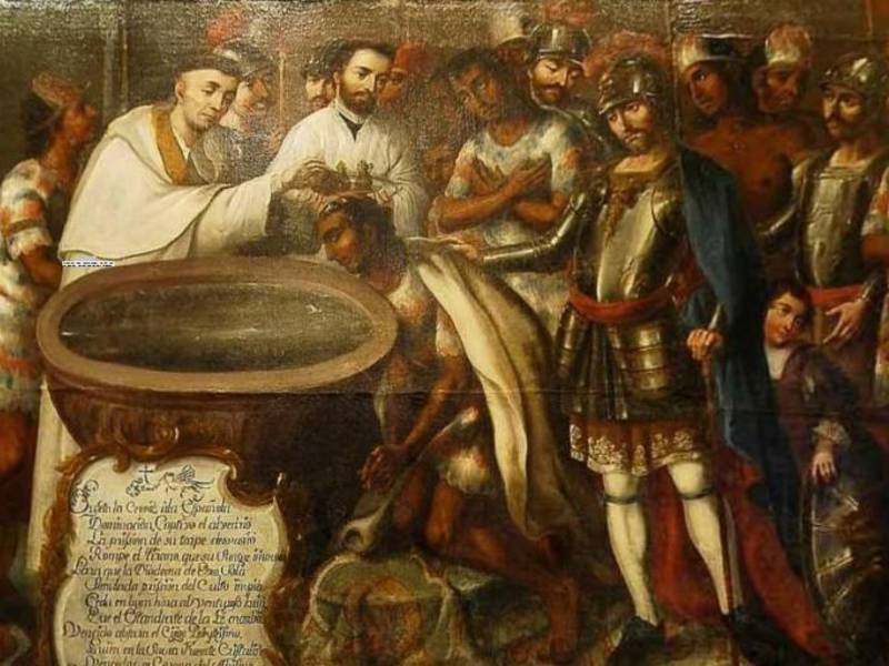 Parte de la obra "Bautizo de Ixtlixóchitl"